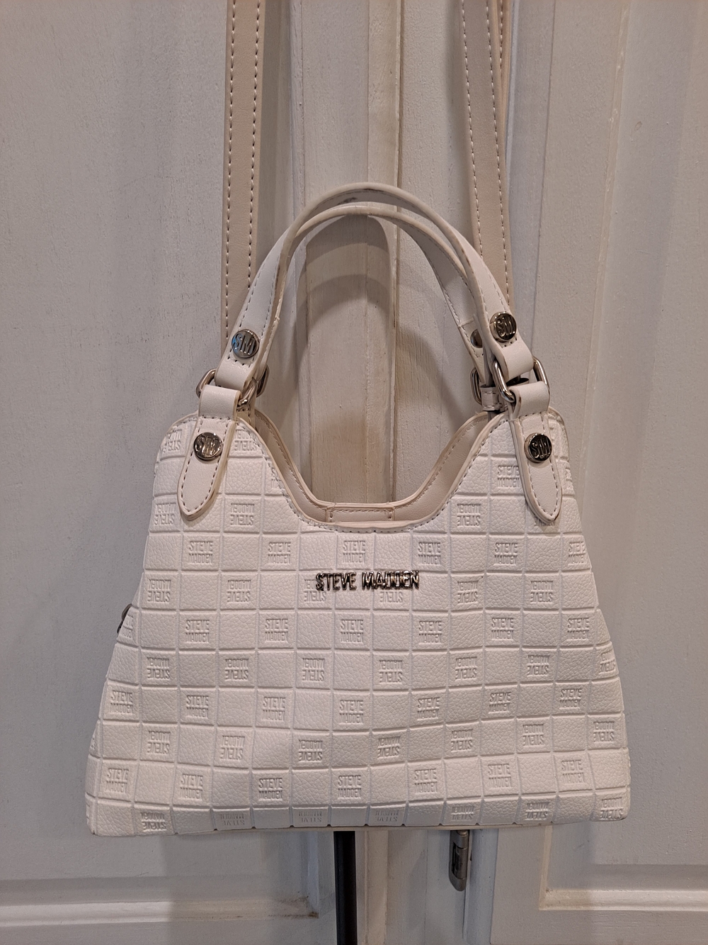 Steve Madden White Bsidra Square Pattern Mini Satchel Crossbody Tote Bag